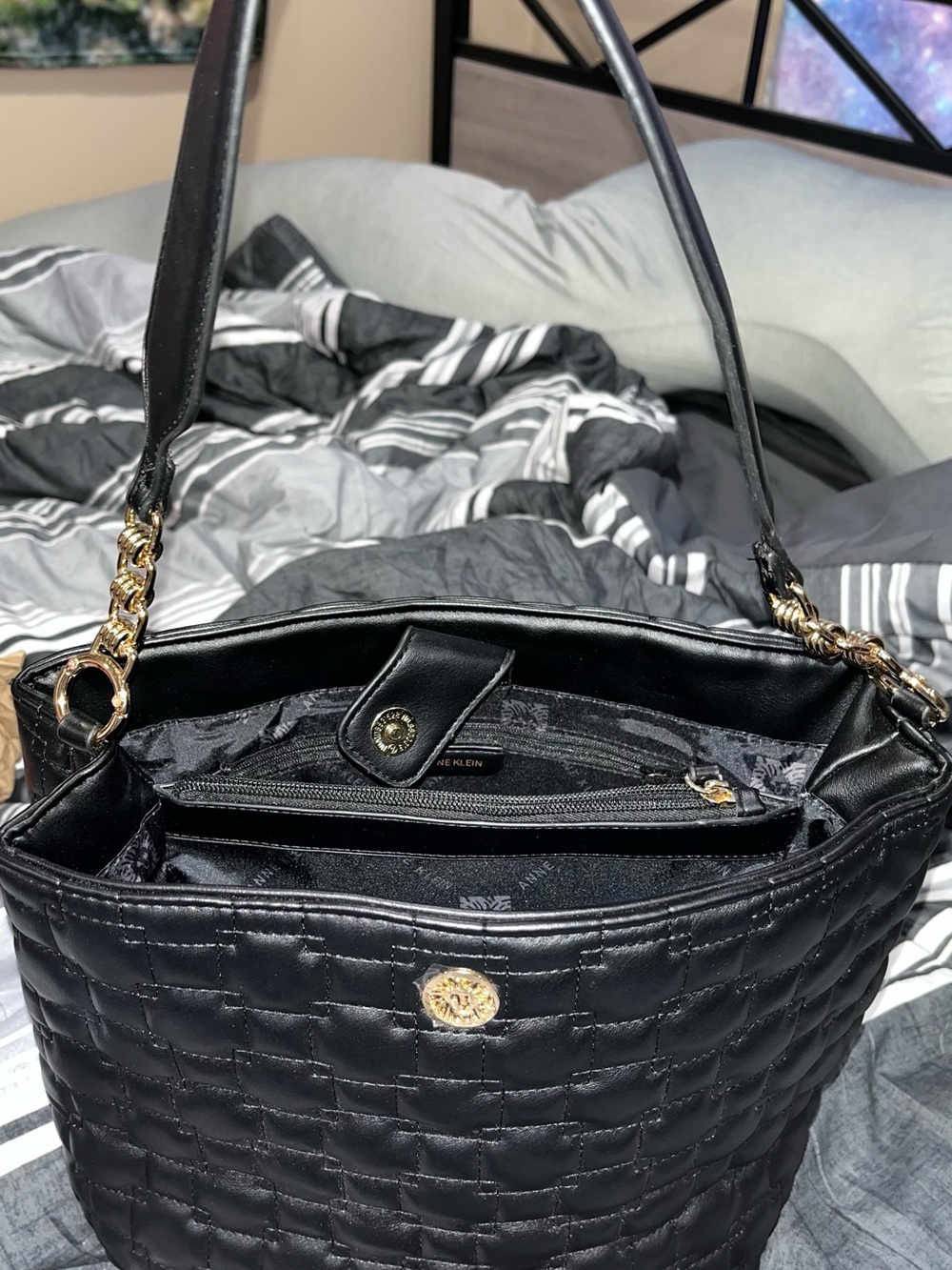 Anne Klein Black Quilted Shoulder Bag with Gold Chain Accents